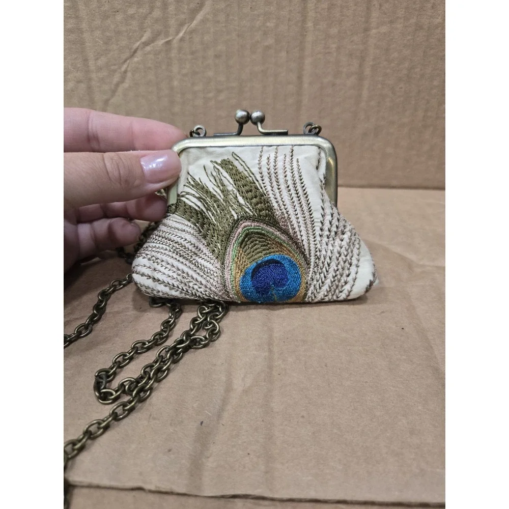 Red Ruby Rose Peacock Feather Coin Purse Mini Crossbody Kiss Lock Chain Clutch
